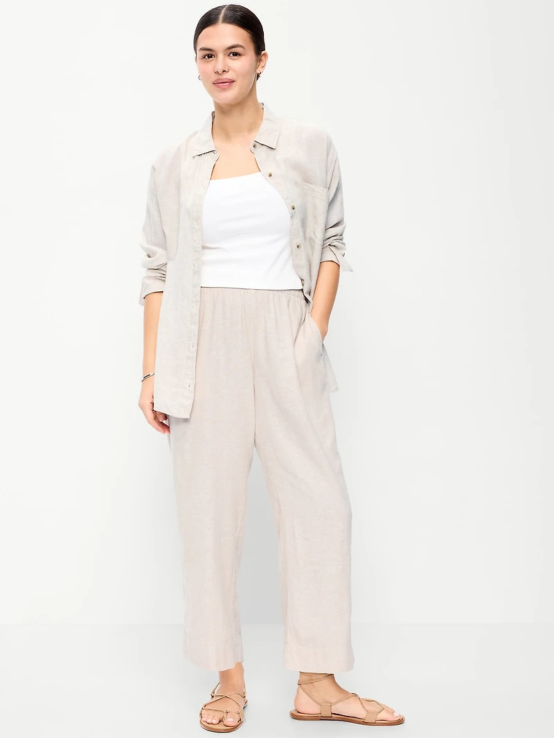 High-Waisted Linen-Blend Straight Ankle Pants