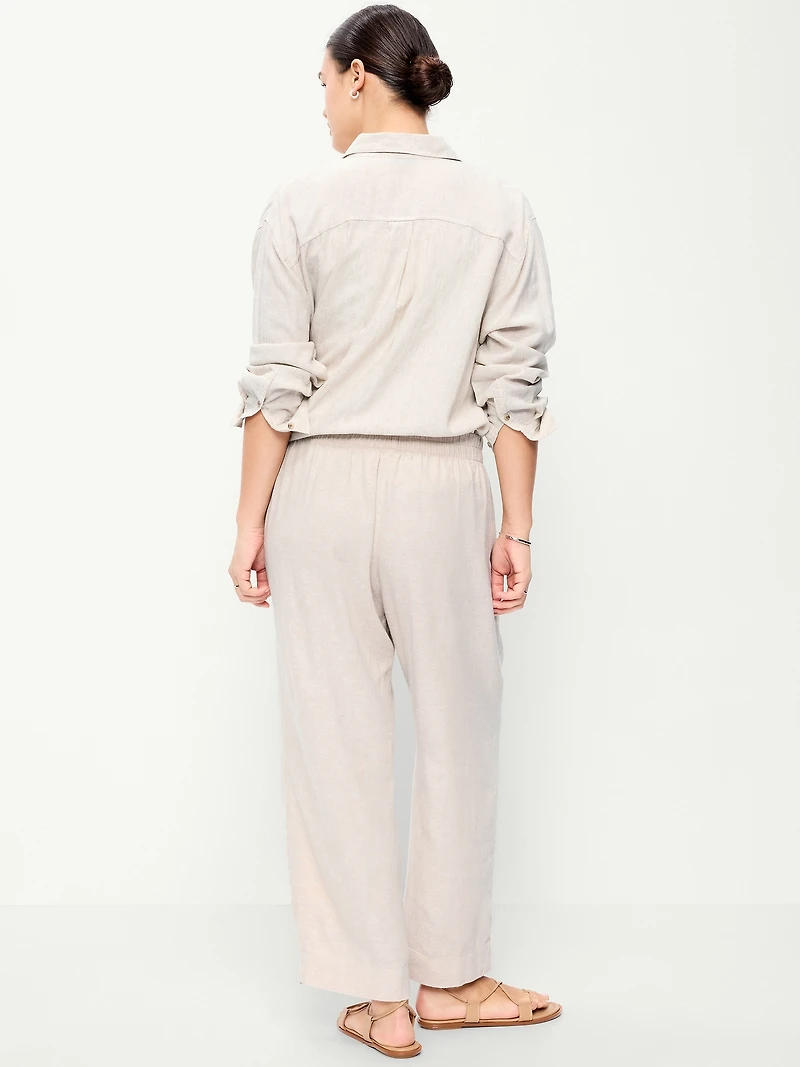 High-Waisted Linen-Blend Straight Ankle Pants