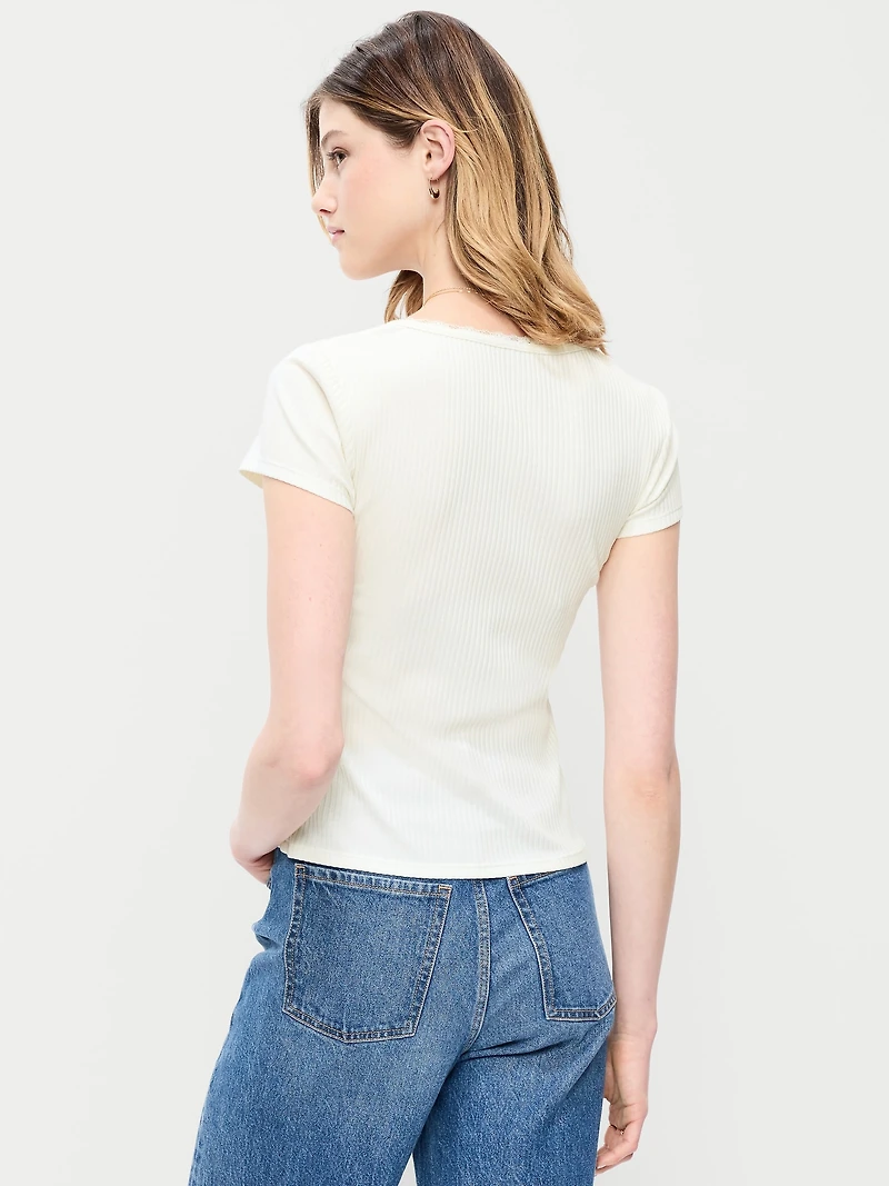 Lace-Trim Sweetheart-Neck Ribbed Top