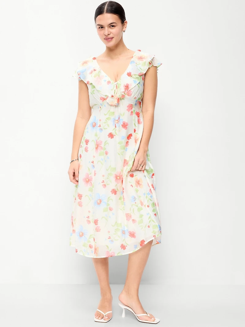 Ruffle-Sleeve Fit & Flare Midi Dress