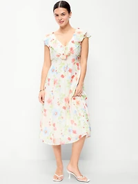 Ruffle-Sleeve Fit & Flare Midi Dress