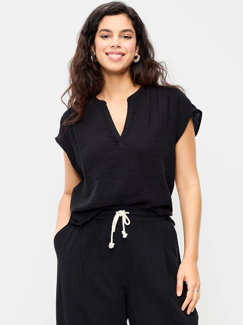 Short-Sleeve Crinkle Gauze Popover Top