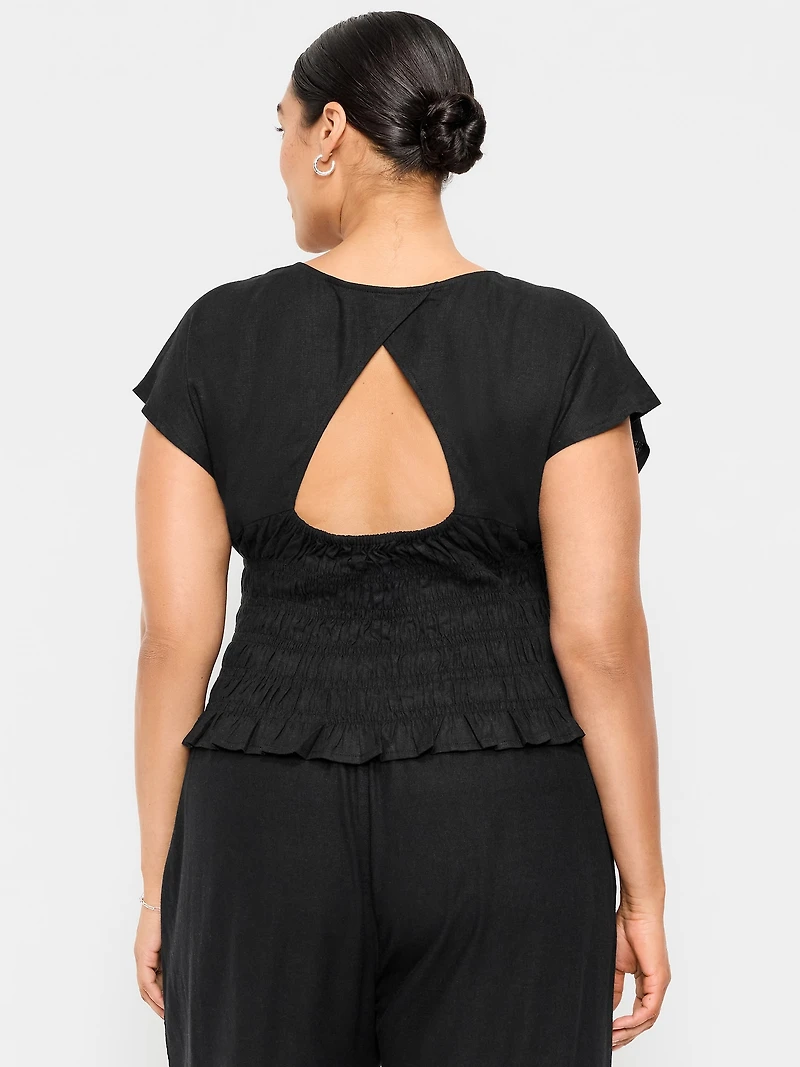 Linen-Blend Short-Sleeve Smocked Top