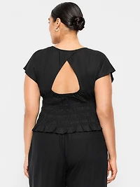 Linen-Blend Short-Sleeve Smocked Top