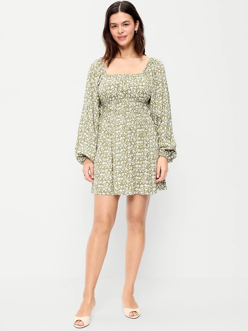 Long-Sleeve Square-Neck Mini Dress