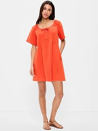 Crinkle Gauze Flutter-Sleeve Mini Swing Dress