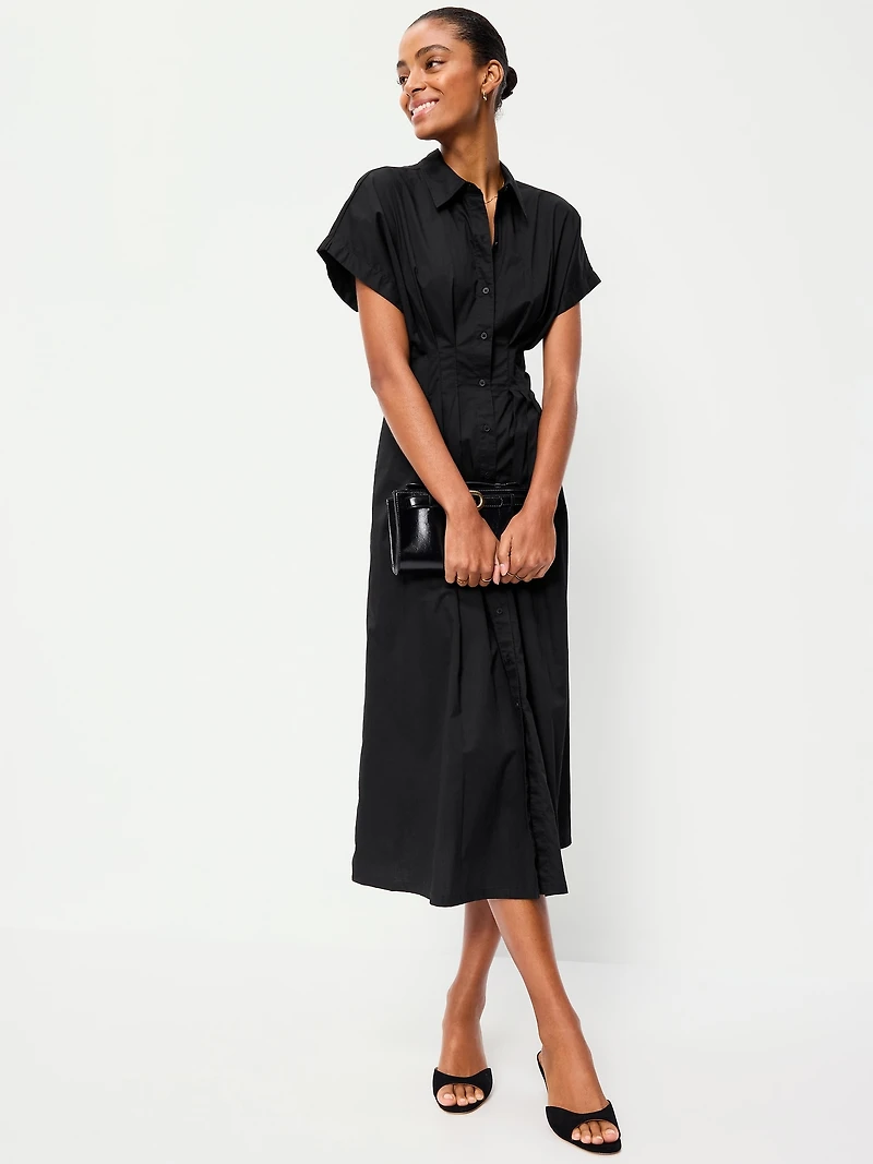 Smocked-Waist Midi Shirt Dress