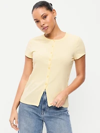 Short-Sleeve Ribbed Button-Down Top