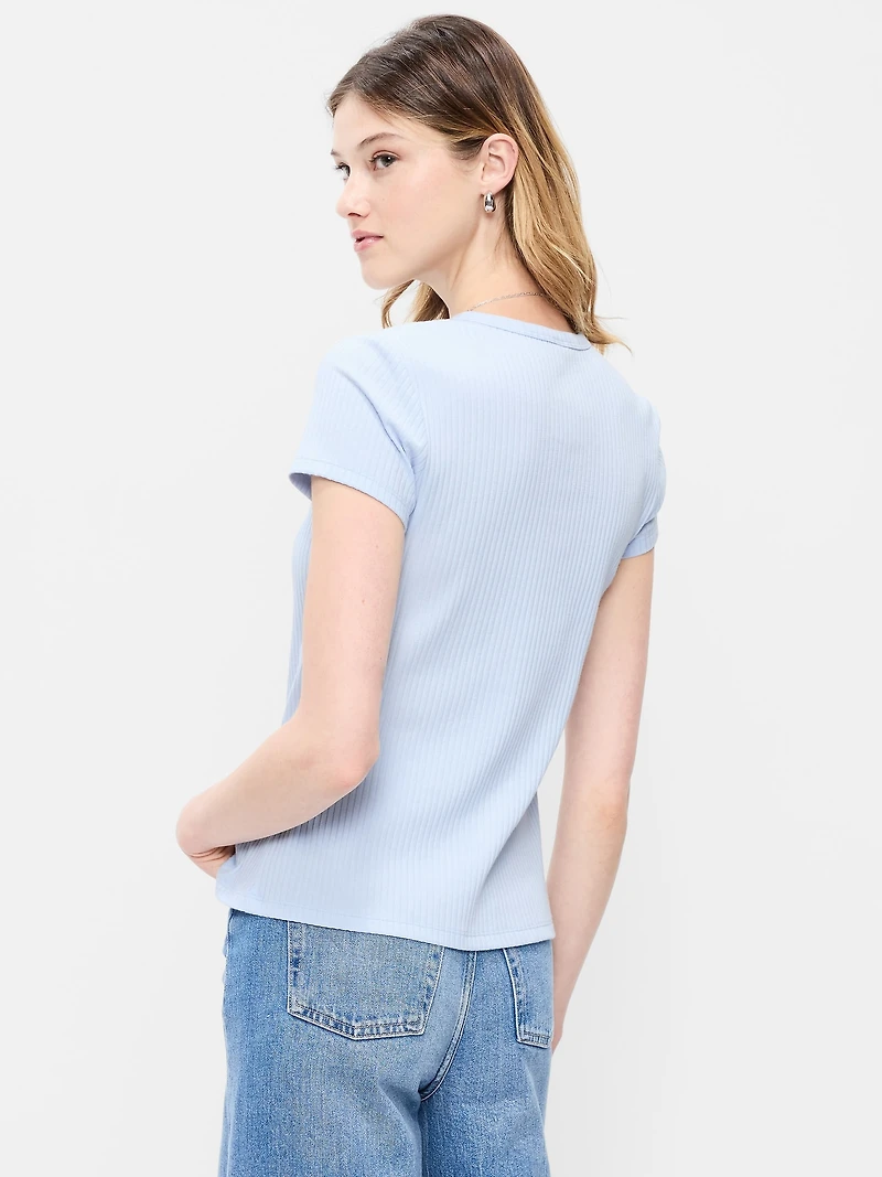 Short-Sleeve Ribbed Button-Down Top