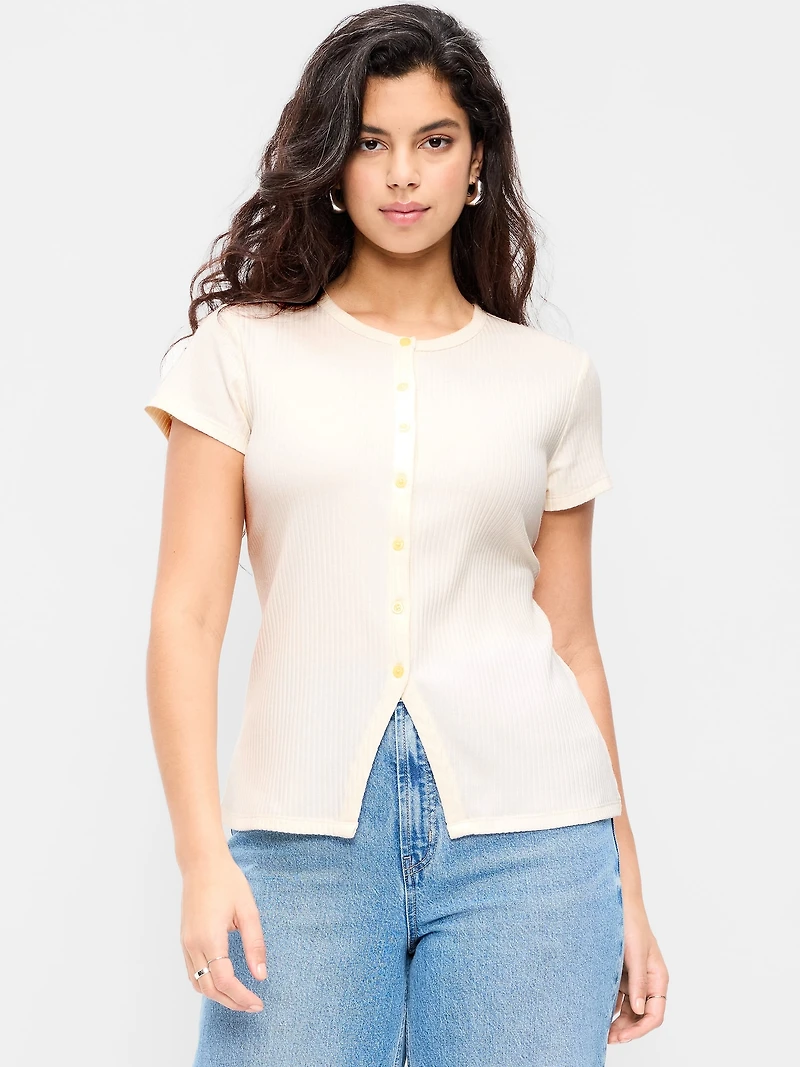 Short-Sleeve Ribbed Button-Down Top