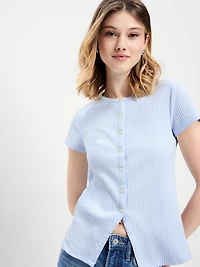 Short-Sleeve Ribbed Button-Down Top