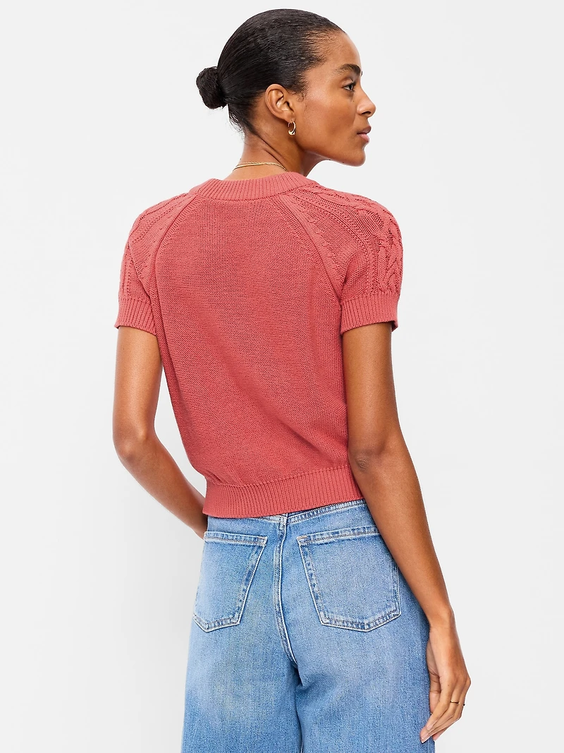 Seaside Cotton Short-Sleeve Cable-Knit Cropped Sweater