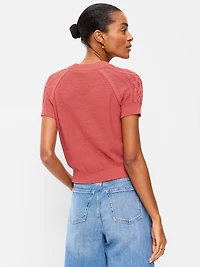 Seaside Cotton Short-Sleeve Cable-Knit Cropped Sweater