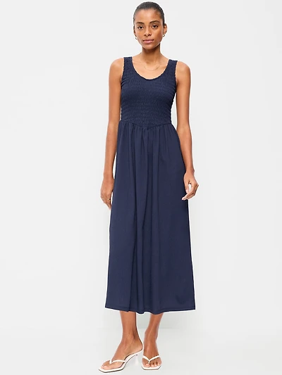 Fit & Flare Sleeveless Smocked-Bodice Midi Dress