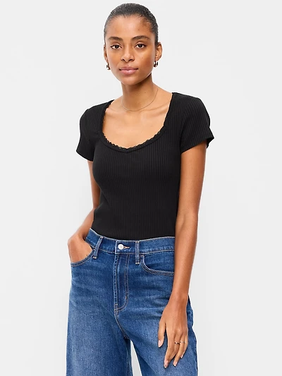 Lace-Trim Sweetheart-Neck Ribbed Top