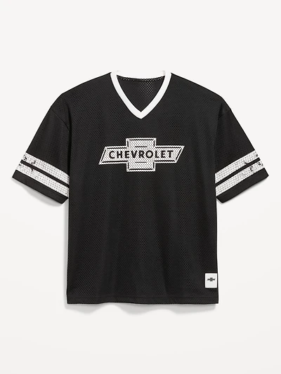 Licensed Graphic Cropped Mesh V-Neck T-Shirt