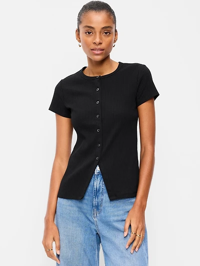 Short-Sleeve Ribbed Button-Down Top