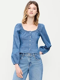 Long-Sleeve Button-Down Jean Top