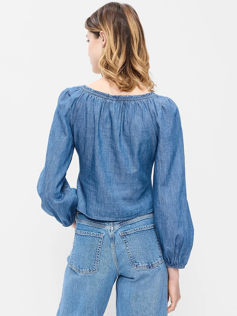 Long-Sleeve Button-Down Jean Top