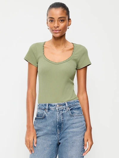 Lace-Trim Sweetheart-Neck Ribbed Top