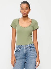 Lace-Trim Sweetheart-Neck Ribbed Top