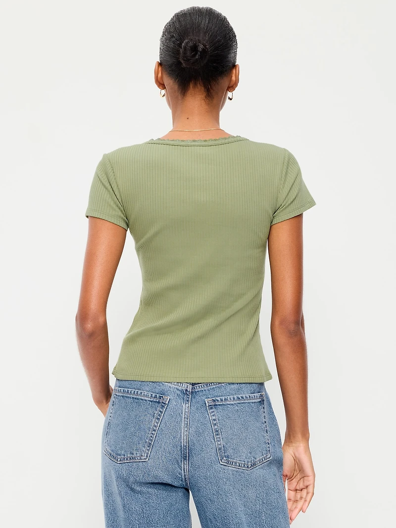 Lace-Trim Sweetheart-Neck Ribbed Top