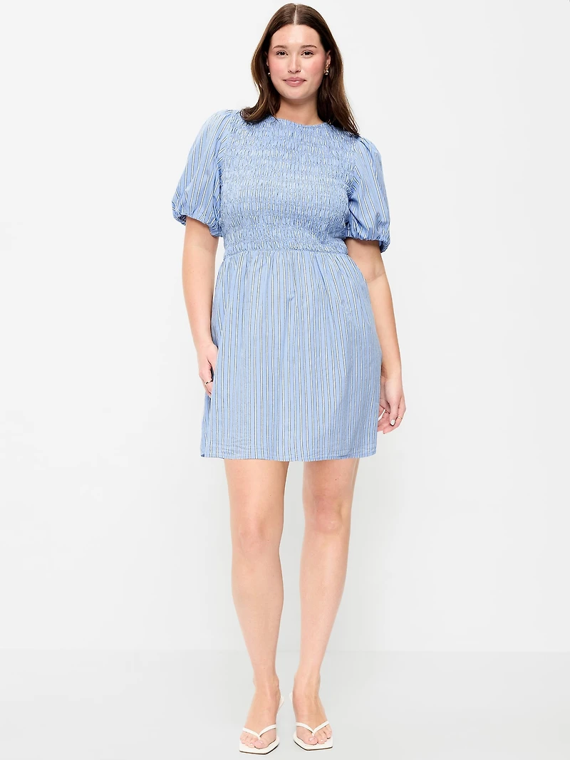 Smocked Puff-Sleeve Flare Mini Dress