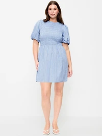Smocked Puff-Sleeve Flare Mini Dress