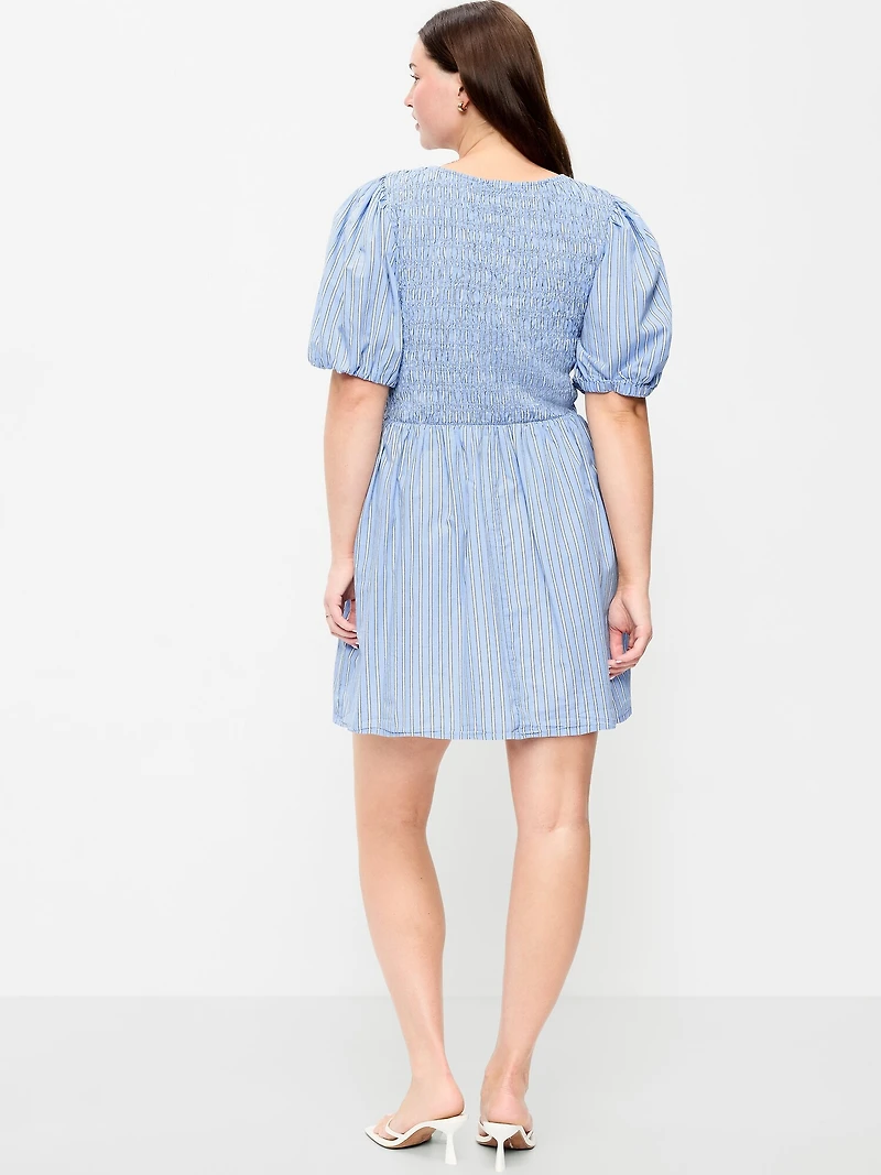 Smocked Puff-Sleeve Flare Mini Dress