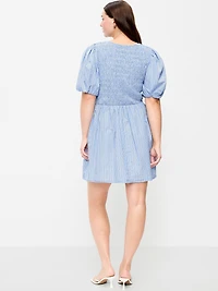 Smocked Puff-Sleeve Flare Mini Dress