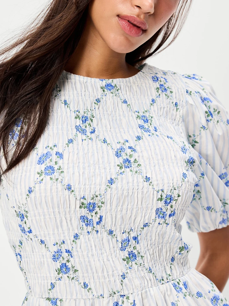 Puff-Sleeve Smocked Fit & Flare Mini Dress