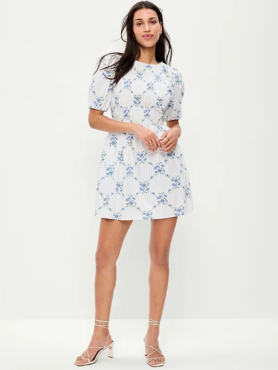 Puff-Sleeve Smocked Fit & Flare Mini Dress