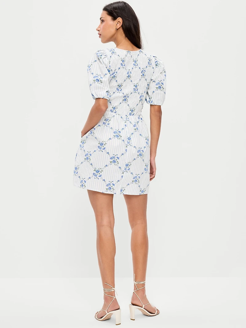 Puff-Sleeve Smocked Fit & Flare Mini Dress