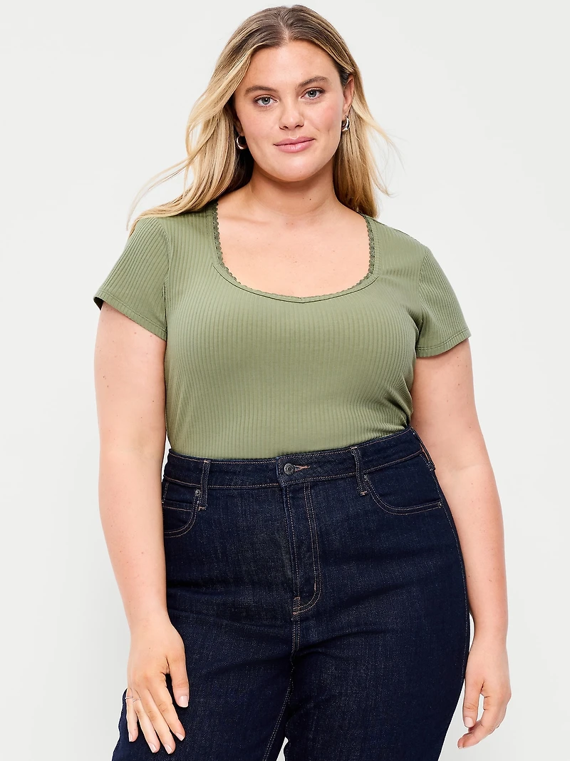 Lace-Trim Sweetheart-Neck Ribbed Top