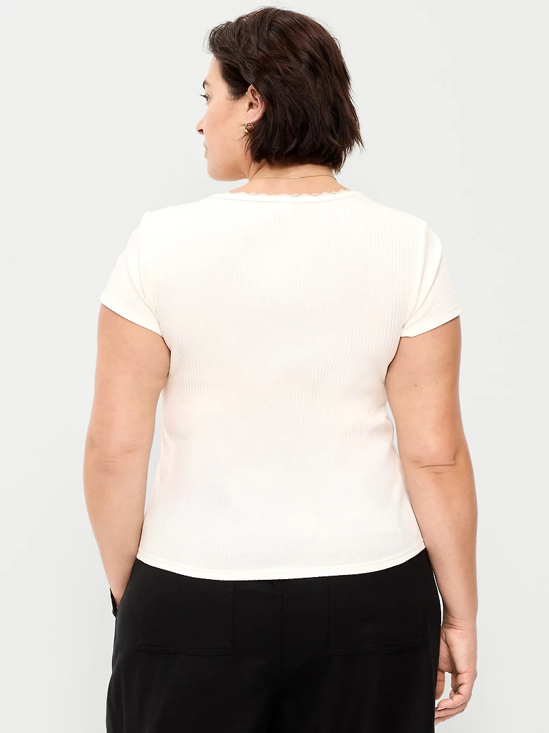Lace-Trim Sweetheart-Neck Ribbed Top