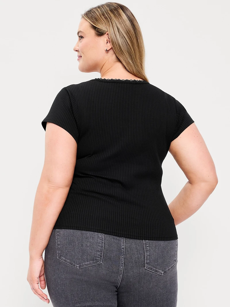 Lace-Trim Sweetheart-Neck Ribbed Top