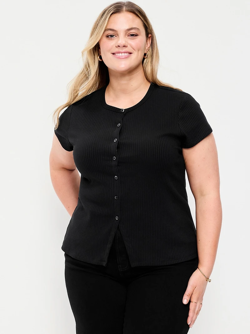 Short-Sleeve Ribbed Button-Down Top