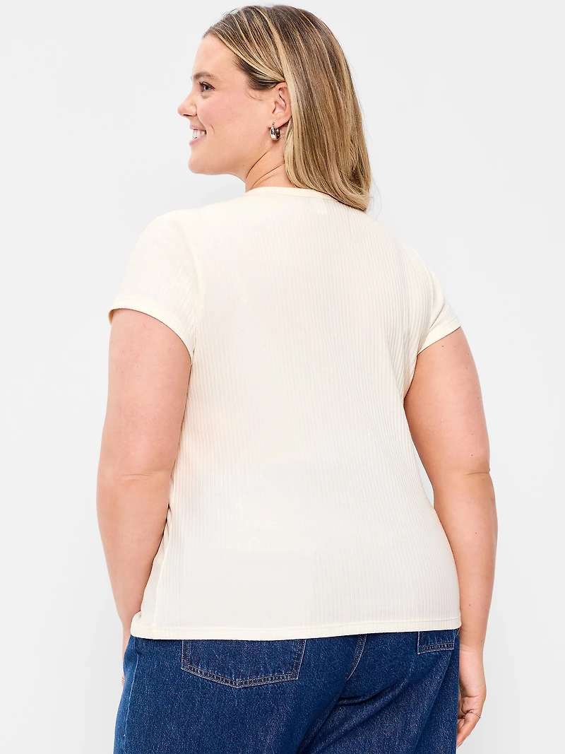 Short-Sleeve Ribbed Button-Down Top