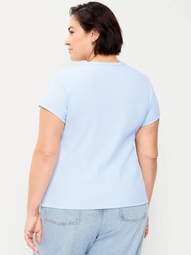 Short-Sleeve Ribbed Button-Down Top