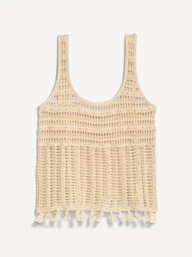 Open-Weave Seaside Cotton Fringe Tank Top