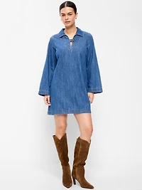 Long-Sleeve Popover Jean Mini Dress