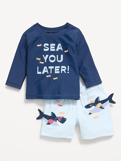 Long-Sleeve Rashguard Swim Top and Trunks Set for Baby