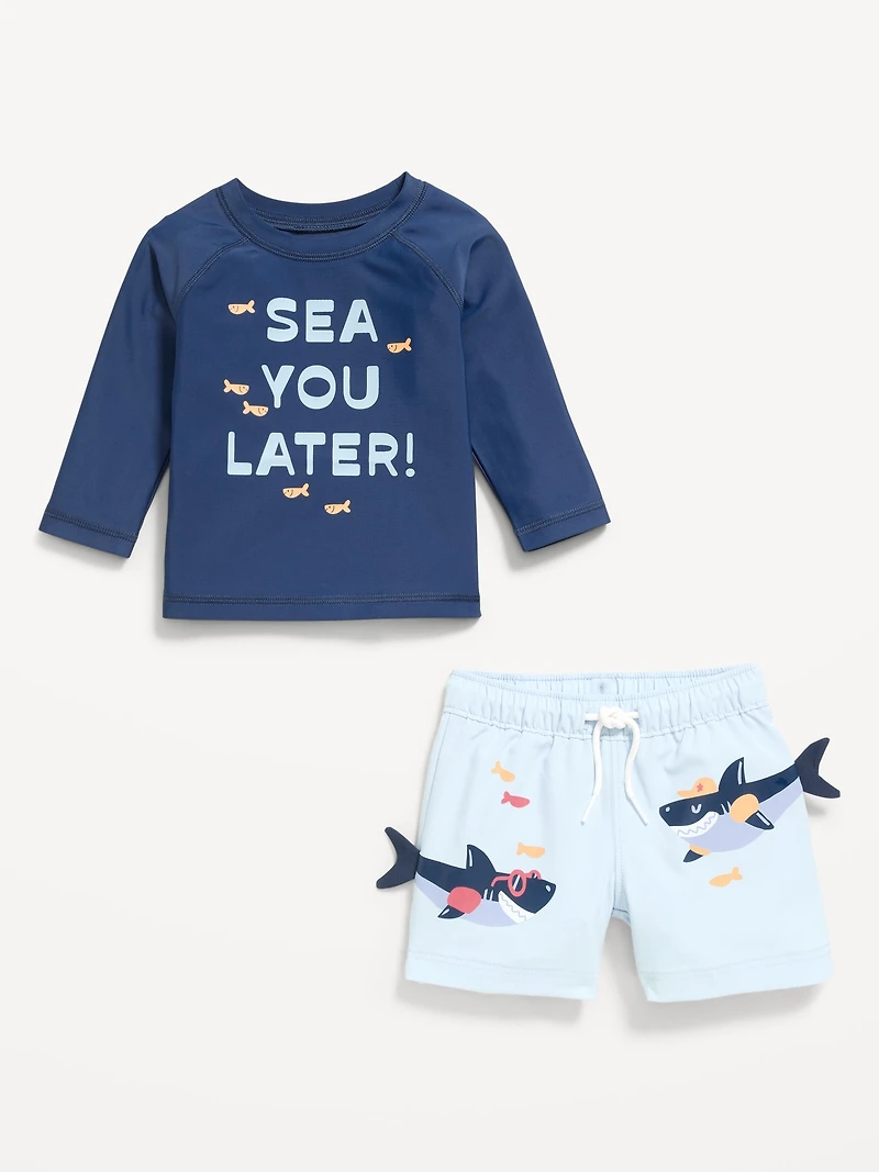 Long-Sleeve Rashguard Swim Top and Trunks Set for Baby