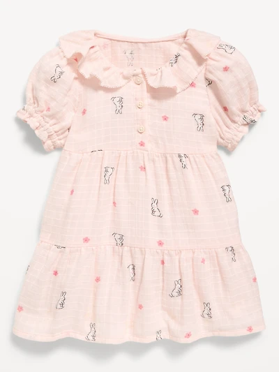 Printed Puff-Sleeve Tiered Swing Dress for Baby