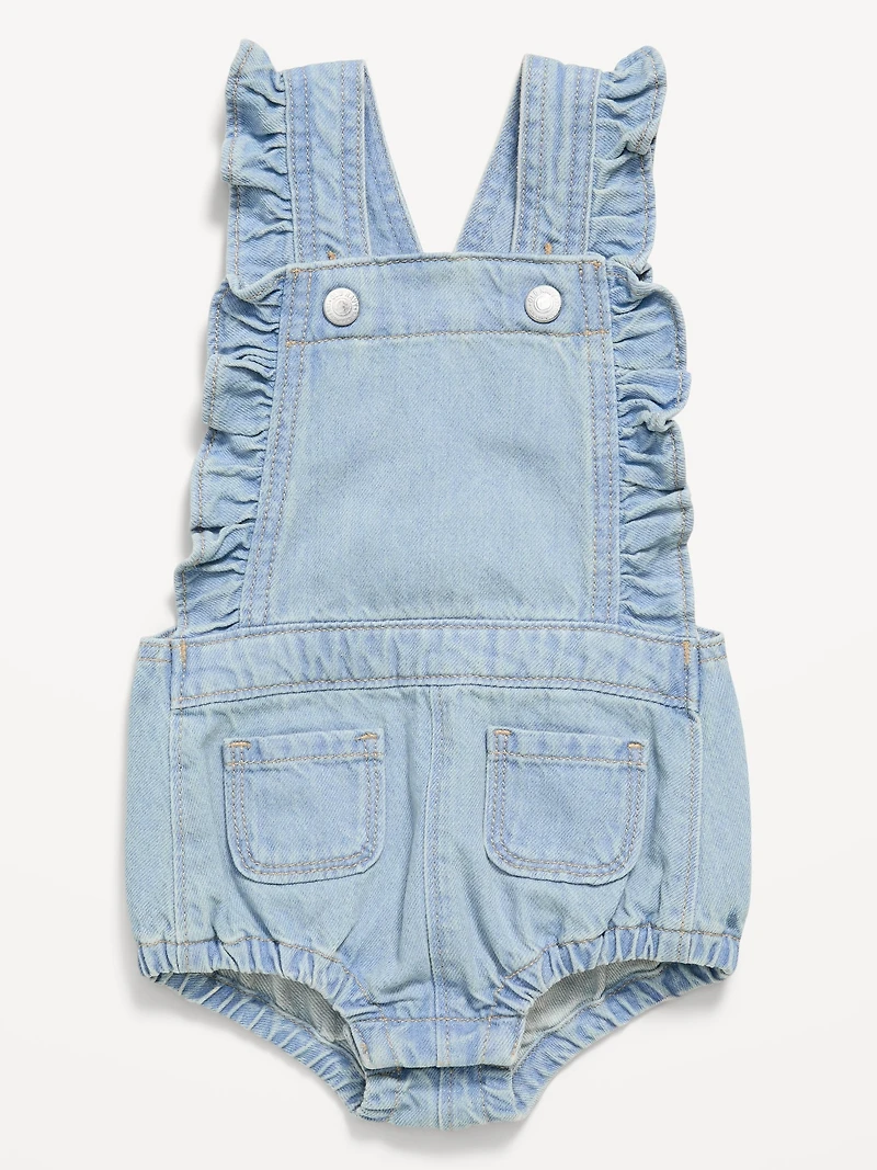Ruffle-Trim Jean One-Piece Romper for Baby