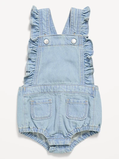 Ruffle-Trim Jean One-Piece Romper for Baby
