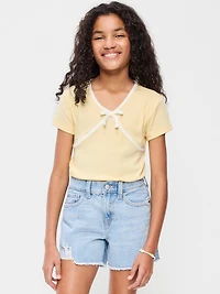 Fitted Short-Sleeve Ribbed Bow Top for Girls