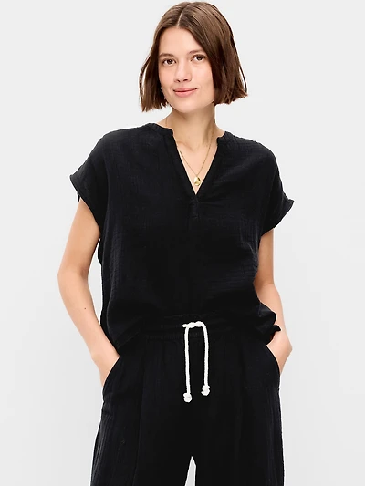 Short-Sleeve Crinkle Gauze Popover Top