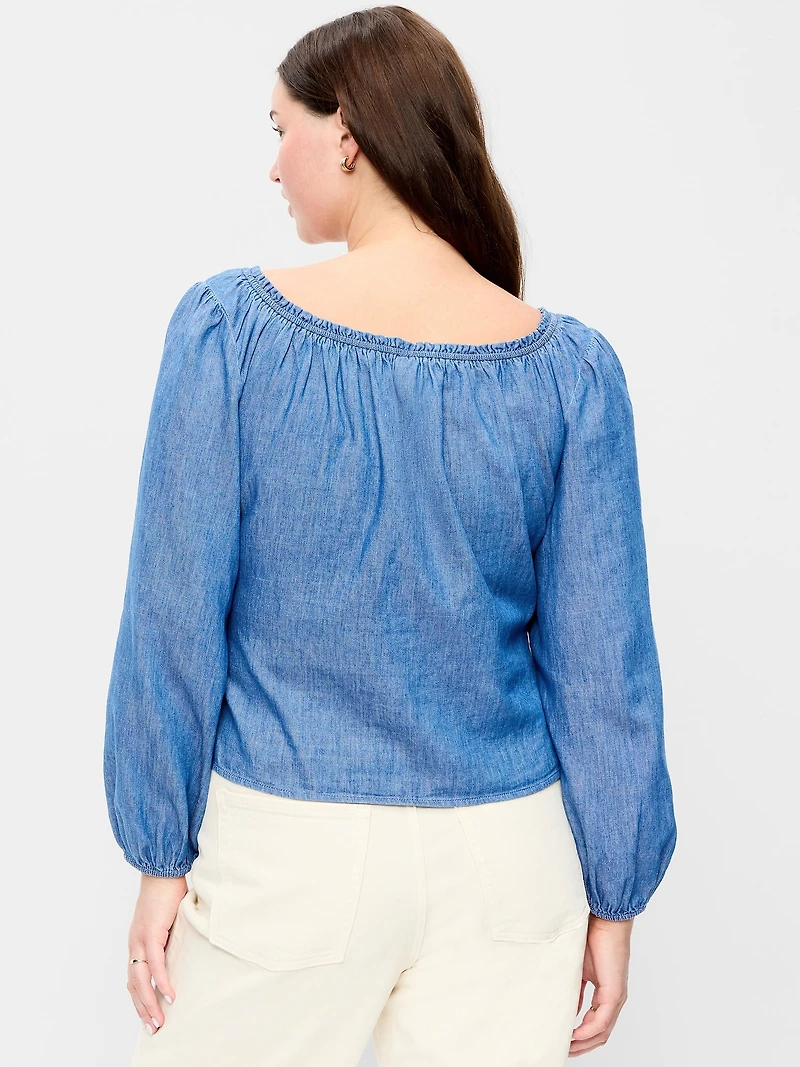 Long-Sleeve Button-Down Jean Top