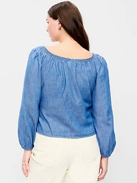Long-Sleeve Button-Down Jean Top